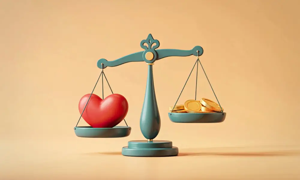 Balança equilibrando finanças do casal com divisão proporcional de gastos.